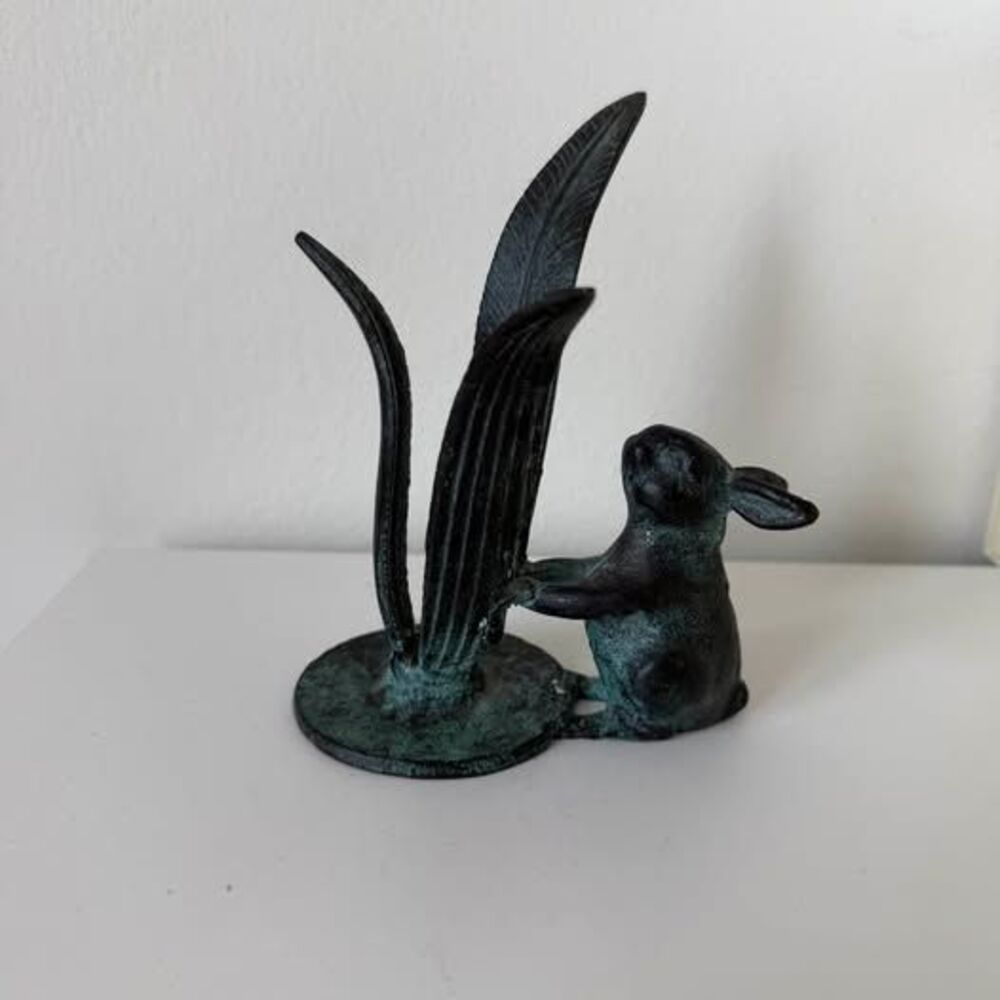 Vintage Verdigris Bronze Rabbit & Fern Leaves Figurine / Desk Card Holder